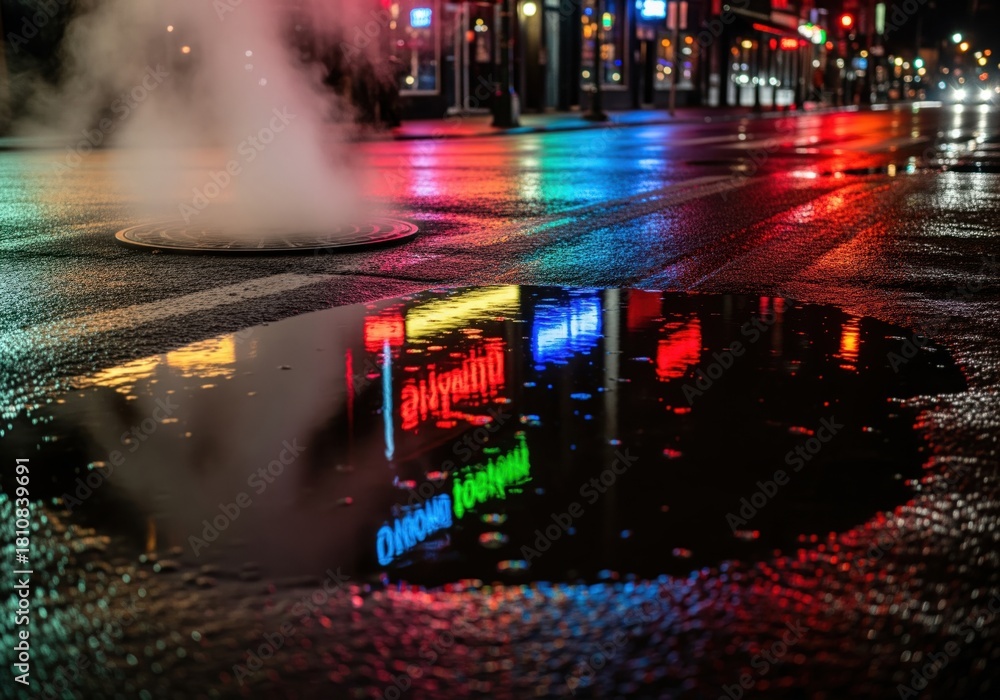 Obraz premium Dramatic night scene of steam rising from a manhole on a wet city street with neon reflections