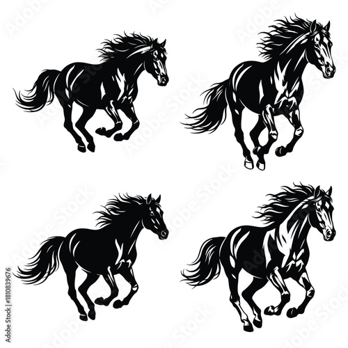 Four black horse silhouettes are running in different poses against a white background showcasing equine power and elegance