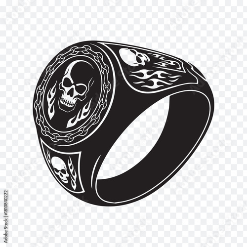Black and white skull ring with flame design illustration graphic