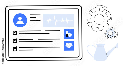 Medical dashboard featuring profile icon, checklist, heart rate graph, pills, gears, and watering can. Ideal for healthcare, wellness, diagnostics task management self-care technology teamwork