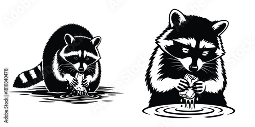 Two black and white illustrations of raccoons washing food in water creating a clean and playful design