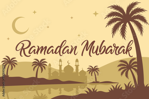 golden sunset over palm oasis, glowing Ramadan Mubarak script reflecting on water, warm highlights, clean vector atmosphere