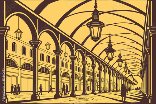 lantern-lined bazaar street, golden Ramadan Mubarak glow suspended between arches, warm reflections on ground, premium detail,Ramadan Mubarak