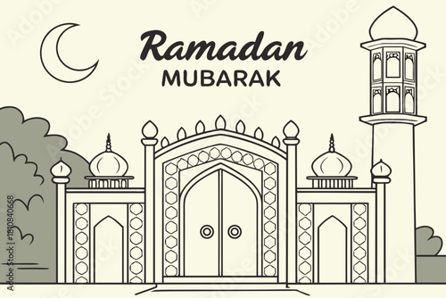 classic Middle Eastern gate, glowing Ramadan Mubarak calligraphy hovering at entrance, lantern shadows on ground