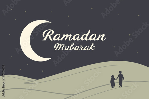 minimal night sky above dunes, huge crescent moon glow, elegant floating Ramadan Mubarak script illuminated softly
