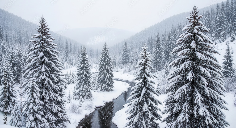 Fototapeta premium Serene snowy landscape featuring a stream and frosted evergreen trees in winter wonderland