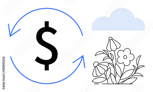 Circular dollar sign surrounded by arrows symbolizing sustainability next to flourishing flowers under a cloud. Ideal for eco-finance, sustainability, green growth, environmental economy, CSR