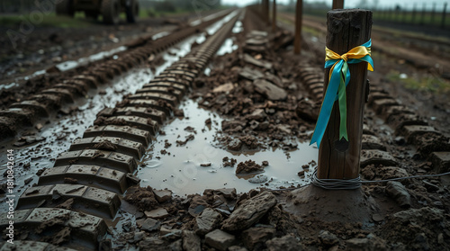 etailed Close-up of Deep Military Vehicle Tread Marks in Dark, Wet Mud Leading Away, with a Wooden Boundary Post Adorned with a Ukrainian Flag Ribbon, Symbolizing Border Conflict and National Support