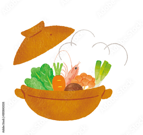 具材たっぷりの土鍋料理イラスト（あたたかい冬の和食）