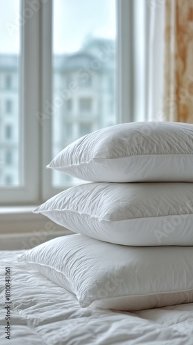 Stack of three soft white pillows on a bed by a window with city view