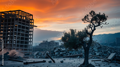 Lone Olive Tree Standing in a Landscape of Rubble and Debris in Front of the Skeleton of a Destroyed High-Rise Building Against a Fiery Orange Sunset Sky, Symbolizing Peace and Destruction