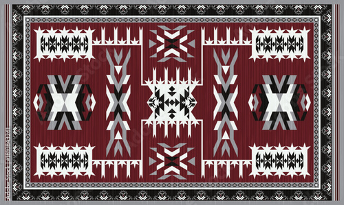Navajo storm pattern rug style vector.Sacred mountain symbolism with central rectangular motif connecting four corners.Representing weather,lightning.Carpet southwestern tribal geometric illustration.