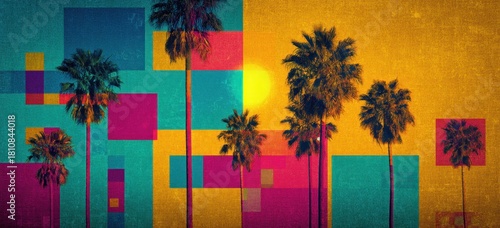 Colorful Palm Trees Against a Geometric Wall