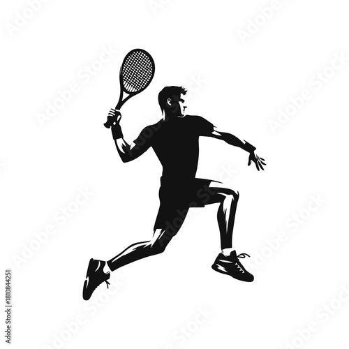 Tennis Player Smash Silhouette Vector. Male athlete jumping mid-air hitting ball with racket in high contrast black and white style.