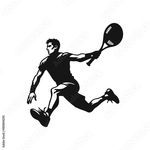 Tennis Player Smash Silhouette Vector. Male athlete jumping mid-air hitting ball with racket in high contrast black and white style.
