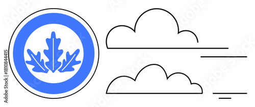 Nature concept. Nature ed by a blue oak leaf emblem and minimalist cloud designs with lines motion. Nature and sustainability theme, perfect for ecology, conservation, green energy, natural