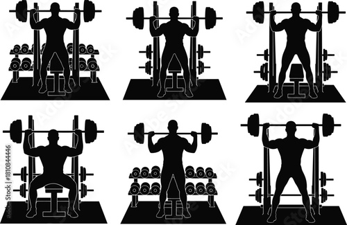 Bodybuilder silhouette set lifting heavy barbells in gym with squat rack and dumbbells for fitness training vector illustration.