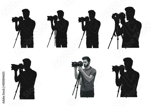 Set of Professional Cameraman or Photographer Silhouettes Shooting with DSLR Camera on Tripod Vector Illustration Isolated on White Background