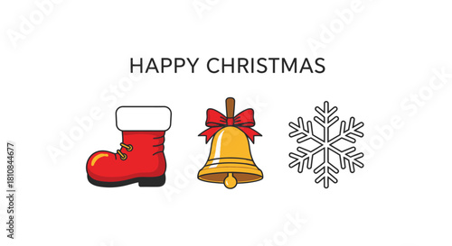 Happy Christmas with Santa's boot, bell, and snowflake