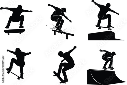 Skateboarder silhouette set performing extreme stunts on ramps and rails including jumps and grinds vector illustration collection.