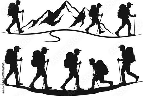 Silhouette set of hikers with backpacks and trekking poles walking on mountain trails vector illustration for outdoor adventure travel design.