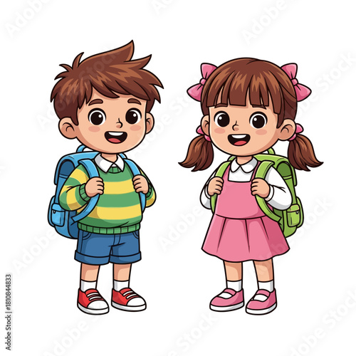 Cartoon illustration of a boy and girl ready for school with backpacks.