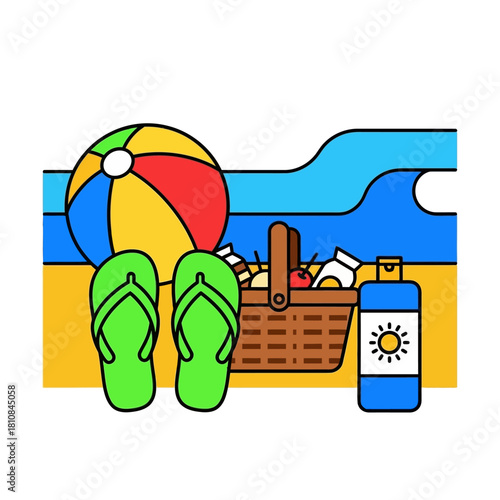 Beach picnic scene with ball, flip-flops, basket, and sunscreen.
