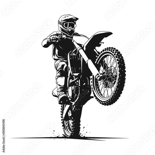 Black and White Silhouette Motorcross Man Riding Wheelie Dirt Bike Illustration