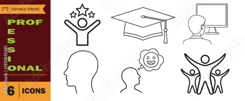 Set of six professional development and success line icons including graduation, happy thought, and teamwork concept
