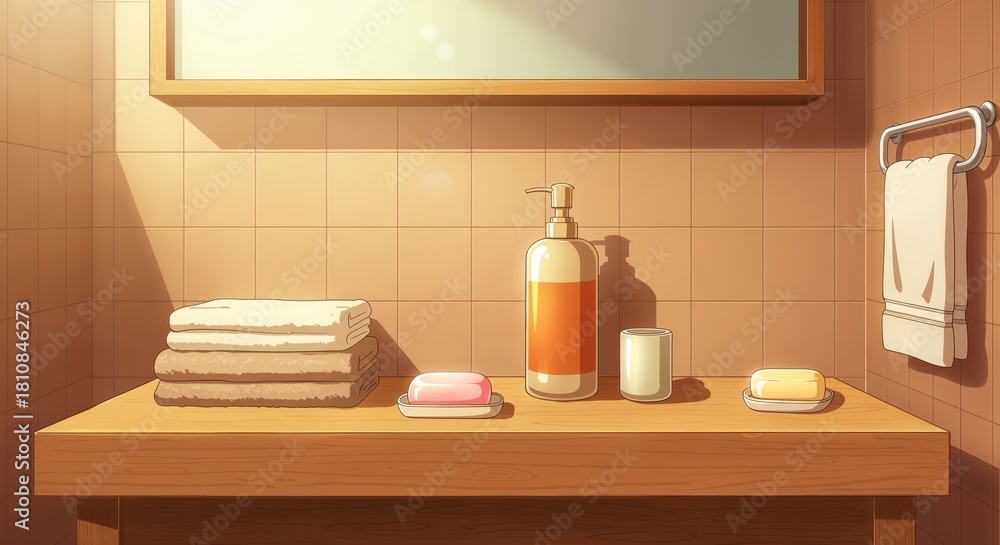 Fototapeta premium Cozy bathroom setup: A serene display of fresh towels, soap bars, lotion, and tumbler, neatly arranged on a wooden table, with mirror, illuminated by soft, warm sunlight.