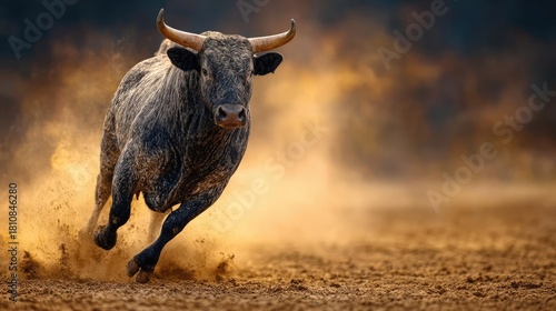 Bucking bull action in thrilling rodeo competition concept. A strong bull running through dusty terrain with great energy.