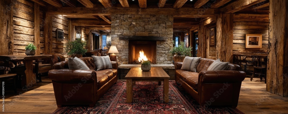 Fototapeta premium Classic wooden design of western saloon interior concept. Cozy living room with rustic furniture and a warm fireplace glow.