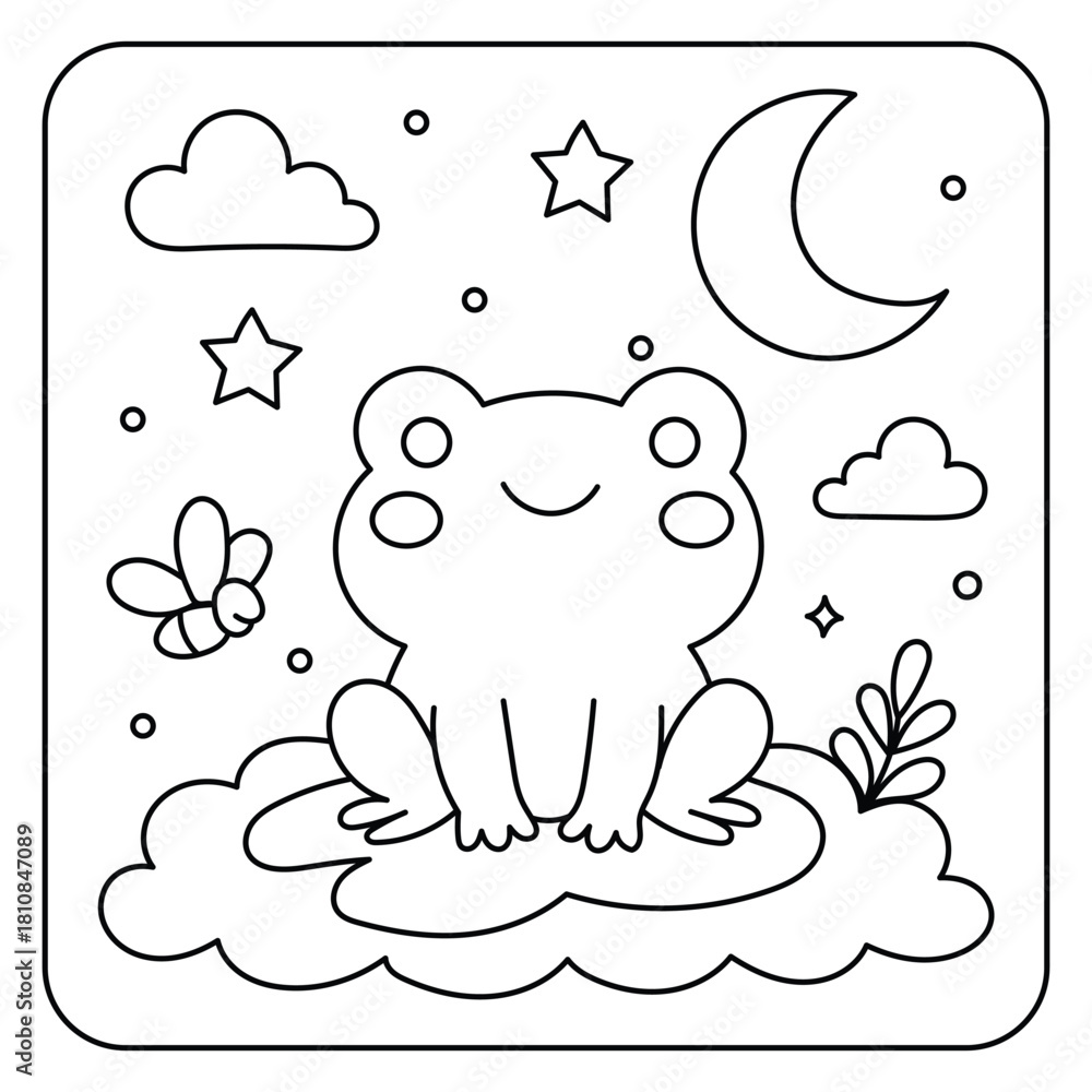 Fototapeta Cute Frog on Cloud Coloring Page – Kawaii Night Sky Scene for Kids