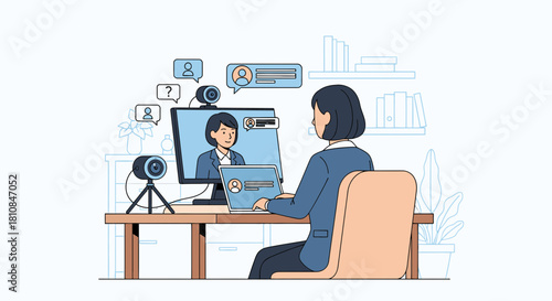 Professional businesswoman in blue suit attending virtual video conference meeting at her office desk, utilizing computer and webcam for remote work illustration.