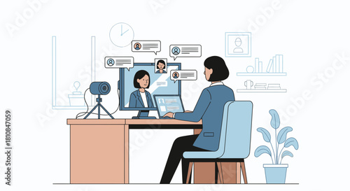 Businesswoman participating in virtual video conference call with remote colleagues from her office desk, leveraging a computer and webcam for online meeting illustration.