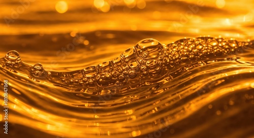 Wallpaper Mural Liquid Gold: Capturing the mesmerizing beauty of a liquid's surface, a golden elixir shimmers with bubbles, reflecting the brilliance of the sun, invoking feelings of warmth and allure. Torontodigital.ca