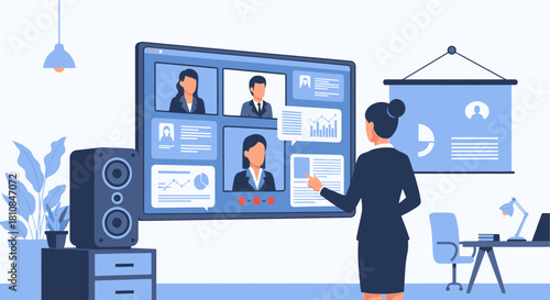 Businesswoman leading a virtual presentation, pointing at a large screen displaying remote colleagues in a video conference and various data charts.