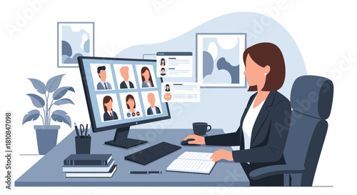 Professional businesswoman attending an important online meeting, focused on her computer screen displaying multiple virtual participants.