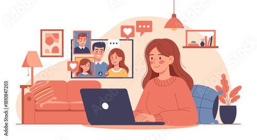 Smiling woman on a laptop video call, happily connecting with people remotely from her cozy home living room.