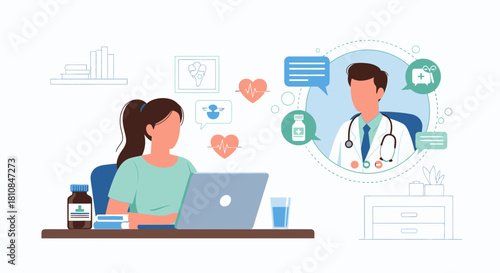 Woman consulting a doctor online via her laptop computer, engaging in a telemedicine or virtual healthcare appointment.