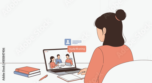 Woman with a hair bun attending an online study meeting via video conference on her laptop, engaged in remote learning.