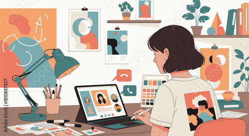 Woman working on her laptop with a video call, situated at a creative home office desk in a modern illustration style.