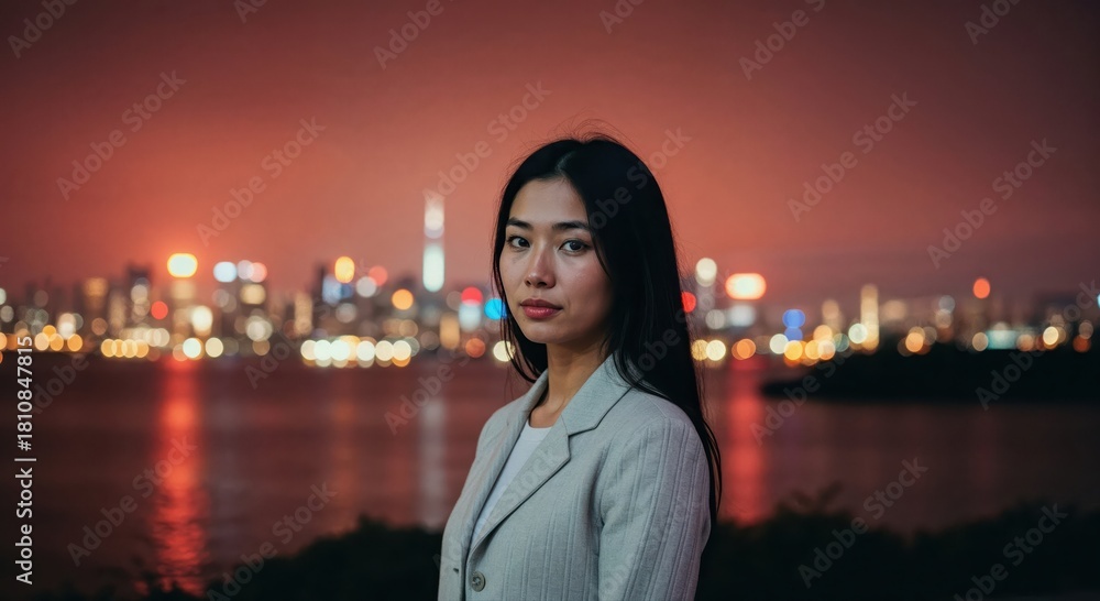 Fototapeta premium Confident in the Cityscape: A poised individual against the backdrop of a vibrant cityscape at dusk, exuding serenity amidst urban energy.