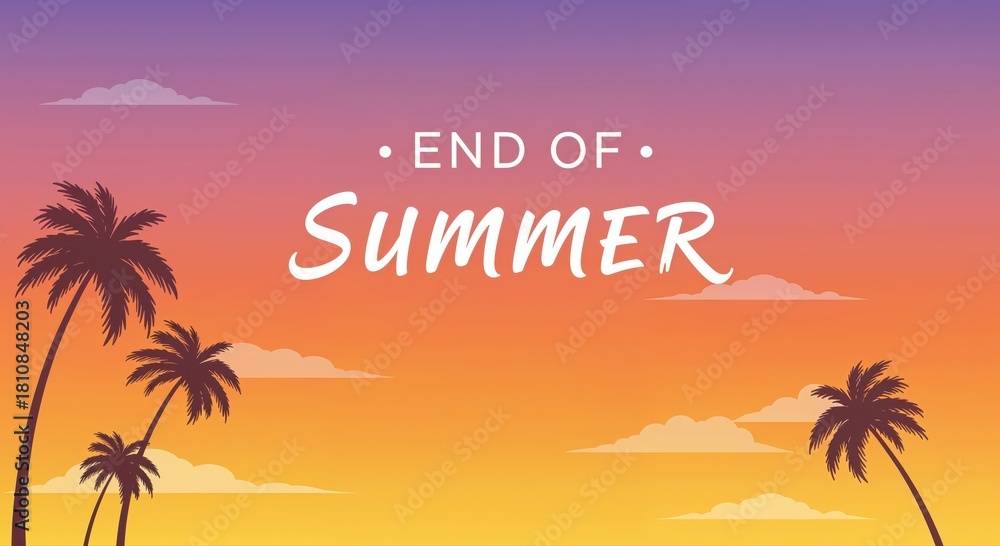 Fototapeta premium End of Summer Sunset: A serene summer sunset painted with a vibrant palette, with palm trees framing the scene and the words “End of Summer” subtly displayed. Evoking the golden goodbye of the season.