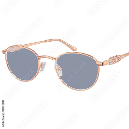 Rose Gold Round Eyeglasses with Ornate Detailing on the Temples and Blue Lenses Isolated on a Transparent Background