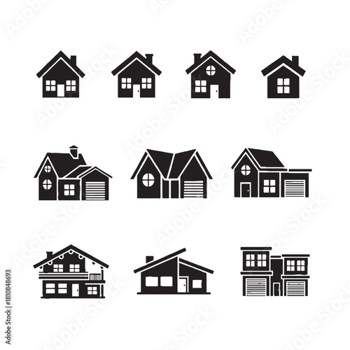  Black silhoutte Home flat icon set vector illustration.