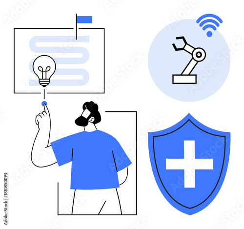 Man initiating idea creation, automation arm, process map, health shield, and wireless. Ideal for innovation, automation, safety healthcare technology problem-solving process design. Simple flat