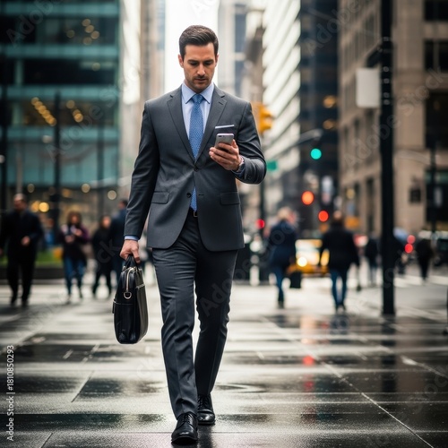 Urban professional absorbed in mobile activity amidst gleaming city street ambience