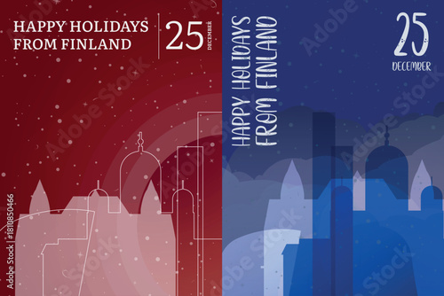 Vector posters and cards set for winter holiday greetings from Finland – Christmas, New Year. Designs with Helsinki and national landmarks, festive elements. Printable, editable