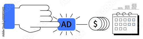 Hand pressing ad button with shining effect, coins symbolizing revenue, and calendar for timeline planning. Ideal for advertising, digital marketing, ROI, budgeting, planning, e-commerce finance